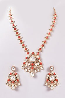 Gold Finish Red Kundan Polki & Coral Stone Necklace Set