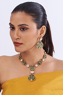 Gold Finish Red Kundan Polki & Turquoise Stone Necklace Set