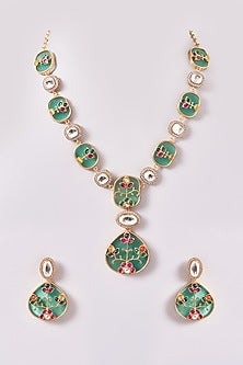 Gold Finish Red Kundan Polki & Turquoise Stone Necklace Set