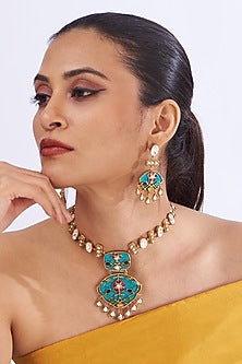 Gold Finish Red Kundan Polki & Turquoise Stone Necklace Set