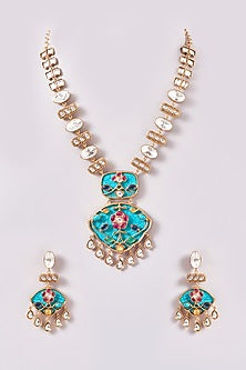 Gold Finish Red Kundan Polki & Turquoise Stone Necklace Set