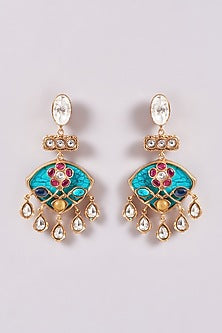 Gold Finish Red Kundan Polki & Turquoise Stone Necklace Set