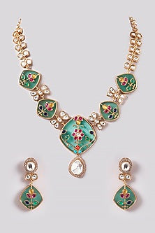 Gold Finish Emerald & Kundan Polki Necklace Set