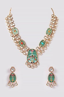 Gold Finish Emerald & Kundan Polki Necklace Set