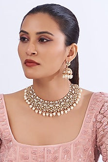 Gold Finish Kundan Polki & Pearl Necklace Set