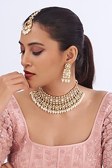 Gold Finish Kundan Polki & Pearl Necklace Set