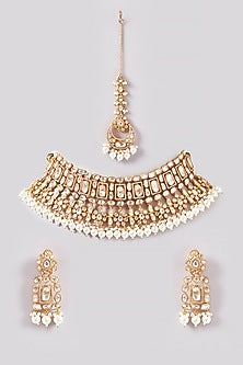 Gold Finish Kundan Polki & Pearl Necklace Set