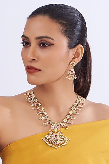 Gold Plated Kundan Polki & Pearl Necklace Set