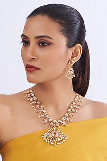 Gold Plated Kundan Polki & Pearl Necklace Set