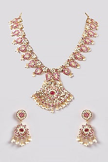 Gold Plated Kundan Polki & Pearl Necklace Set