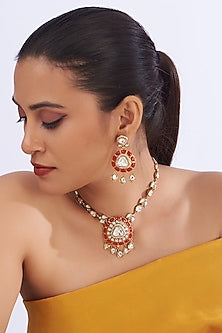 Gold Finish Kundan Polki & Coral Stone Necklace Set