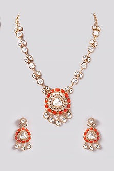 Gold Finish Kundan Polki & Coral Stone Necklace Set