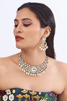 Black Rhodium Finish Kundan Polki & Pearl Necklace Set