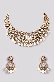 Black Rhodium Finish Kundan Polki & Pearl Necklace Set
