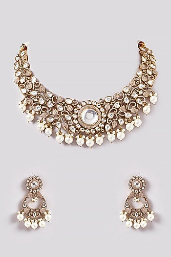 Black Rhodium Finish Kundan Polki & Pearl Necklace Set