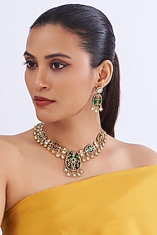 Gold Finish Kundan Polki & Emerald Necklace Set