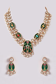 Gold Finish Kundan Polki & Emerald Necklace Set