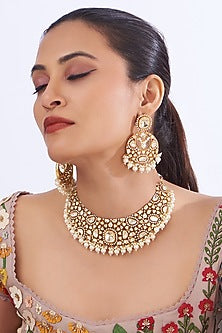 Gold Finish Kundan Polki & Pearl Necklace Set