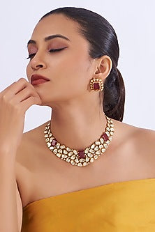 Gold Plated Kundan Polki & Ruby Necklace Set