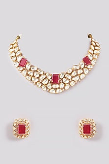 Gold Plated Kundan Polki & Ruby Necklace Set