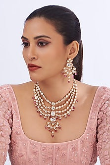 Gold Finish Kundan Polki & Pink Pearl Layered Necklace Set