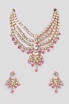 Gold Finish Kundan Polki & Pink Pearl Layered Necklace Set