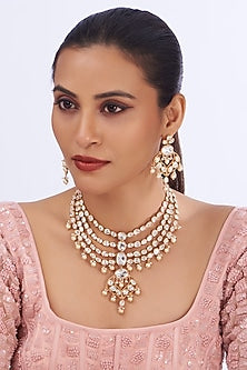 Gold Finish Kundan Polki Layered Necklace Set