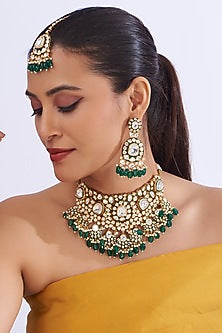 Gold Finish Kundan Polki & Green Pearl Drop Necklace Set