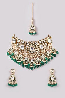 Gold Finish Kundan Polki & Green Pearl Drop Necklace Set