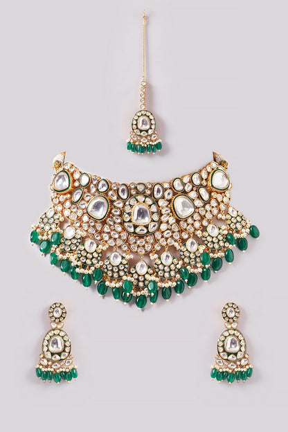 Gold Finish Kundan Polki & Green Pearl Drop Necklace Set
