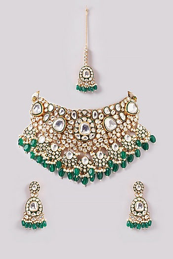 Gold Finish Kundan Polki & Green Pearl Drop Necklace Set