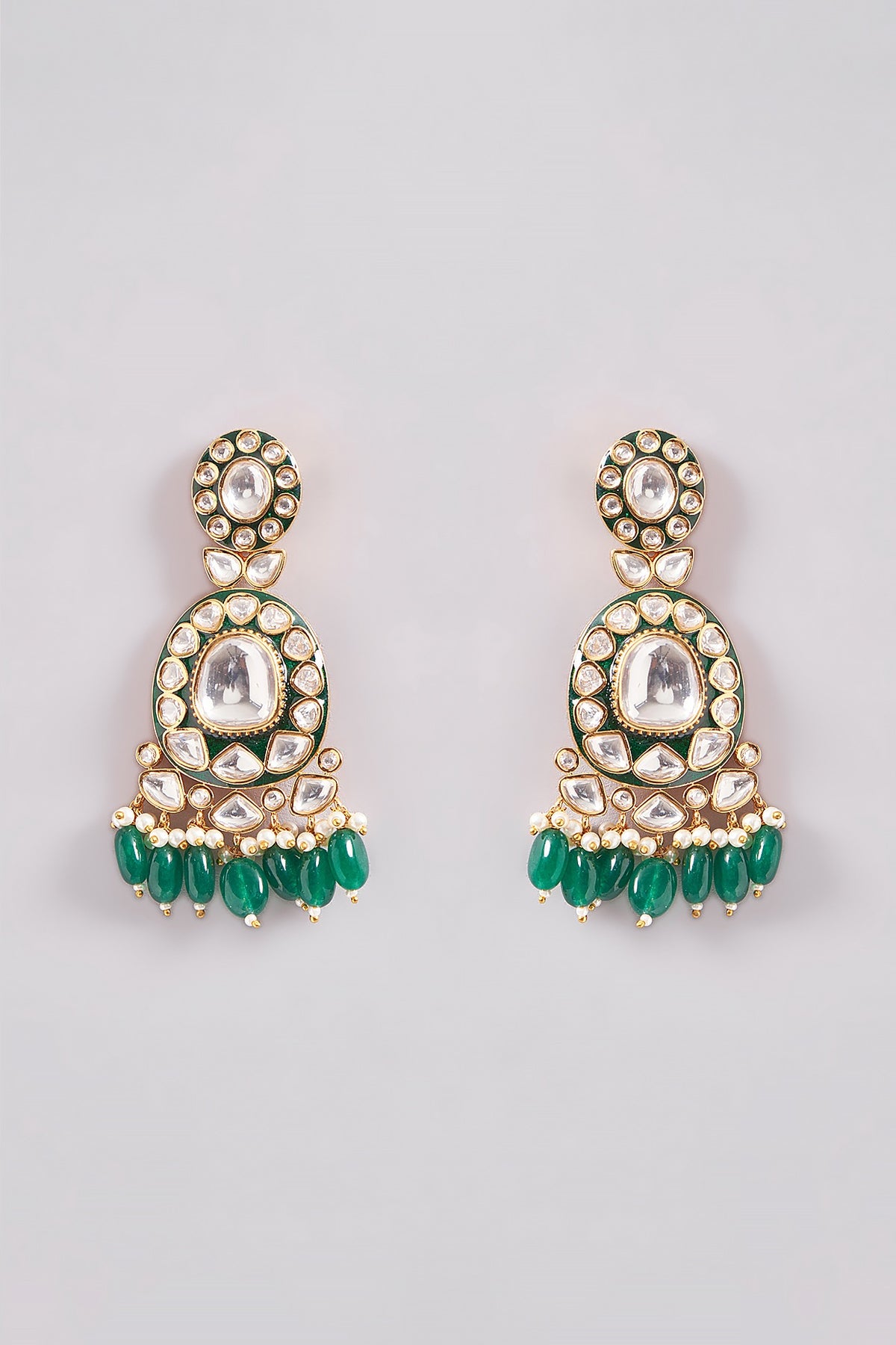 Gold Finish Kundan Polki & Green Pearl Drop Necklace Set