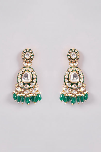 Gold Finish Kundan Polki & Green Pearl Drop Necklace Set