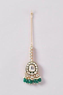 Gold Finish Kundan Polki & Green Pearl Drop Necklace Set