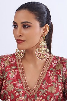 Gold Finish Kundan Polki Temple Chandbali Earrings