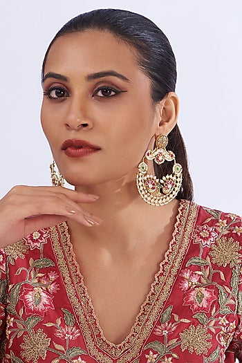 Gold Finish Kundan Polki Temple Chandbali Earrings