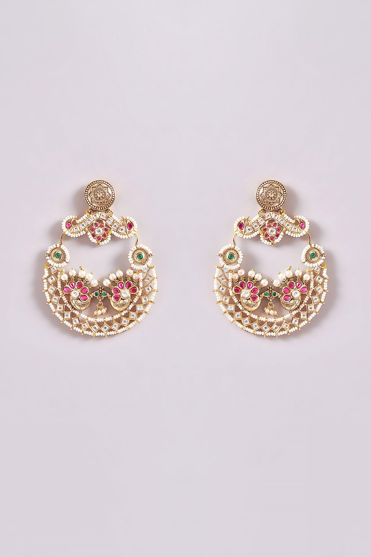 Gold Finish Kundan Polki Temple Chandbali Earrings