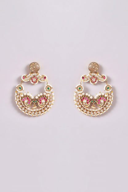 Gold Finish Kundan Polki Temple Chandbali Earrings