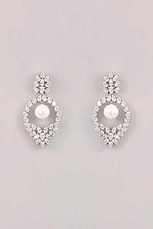 White Finish Diamond & Pearl Drop Hoop Earrings