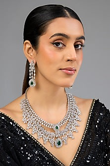 White Finish Diamond & Green Stone Long Necklace Set