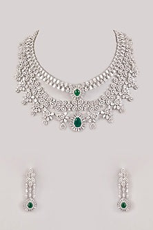 White Finish Diamond & Green Stone Long Necklace Set