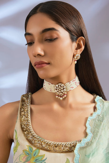Gold Finish Red Kundan Polki & Pearl Choker Necklace Set