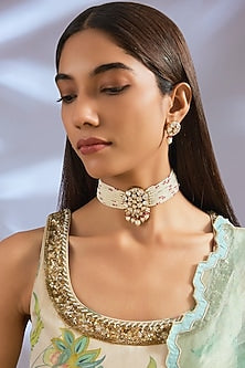 Gold Finish Red Kundan Polki & Pearl Choker Necklace Set