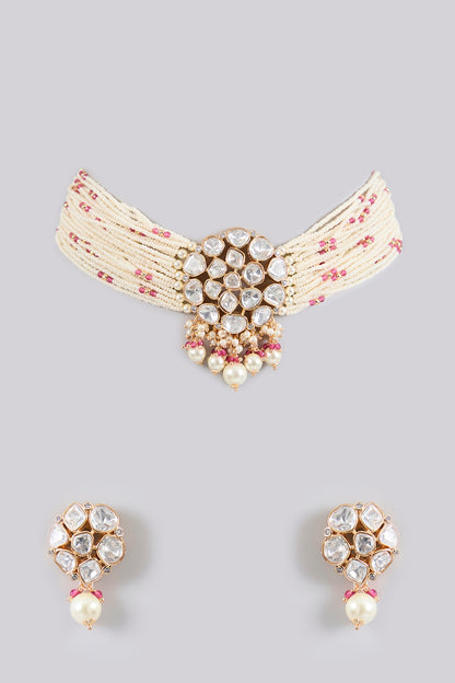 Gold Finish Red Kundan Polki & Pearl Choker Necklace Set