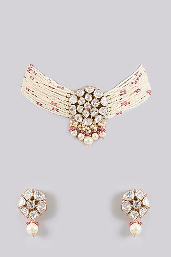 Gold Finish Red Kundan Polki & Pearl Choker Necklace Set