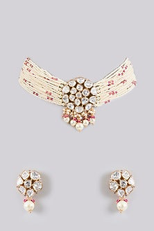 Gold Finish Red Kundan Polki & Pearl Choker Necklace Set