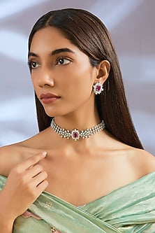 White Finish Diamond & Pink Stone Choker Necklace Set