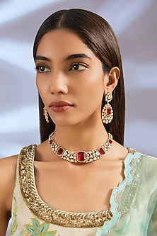 Gold Finish Kundan Polki & Red Stone Necklace Set
