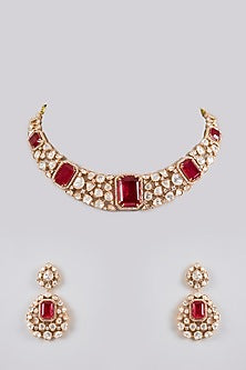 Gold Finish Kundan Polki & Red Stone Necklace Set