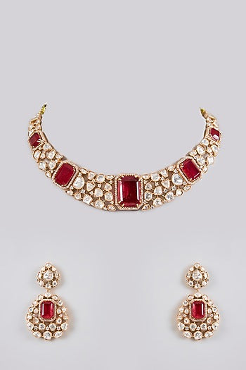 Gold Finish Kundan Polki & Red Stone Necklace Set